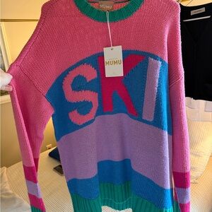 Show Me Your MuMu Pink, Blue & Green 'SKI' Intarsia Crew Sweater